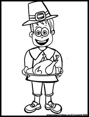 Thanksgiving Pilgrim with Turkey Plate Coloring Pages and Printouts