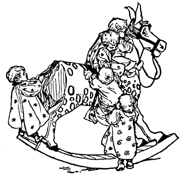 Babies, Kids, Toddlers on Rocking Horse Toy Playing Coloring Page