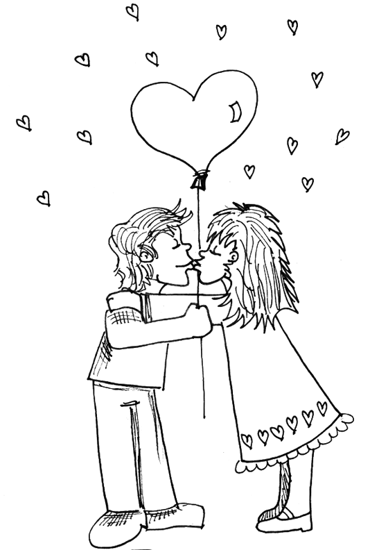 Boy and Girl Kissing under Heart Balloon for Valentines Day Coloring Book 