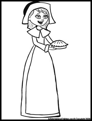 Thanksgiving Pilgrim Girl with Pie Coloring Pages and Printouts