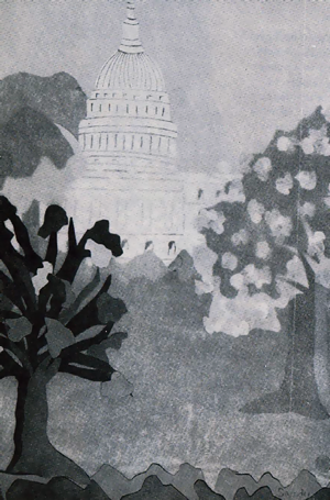 A distant silhouette created with construction-paper and tissue-paper.
