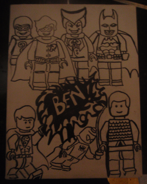 Ben's Superhero Lego Minifigures Drawing for Painted Backpack