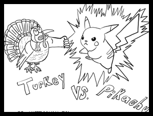 Free Thanksgiving Coloring Pages - Turkey vs Pikachu Coloring Page