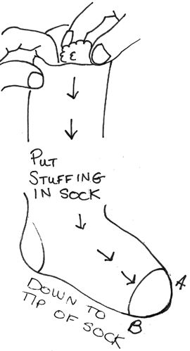 Put stuffing in socks deep enough to reach the tips of the toes