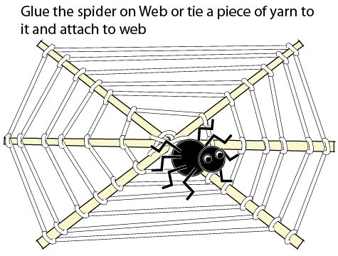  Glue the spider on the web or tie a piece of yarn