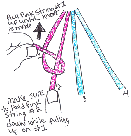 Now pull the pink #1 string up until a beautiful pink knot is made.