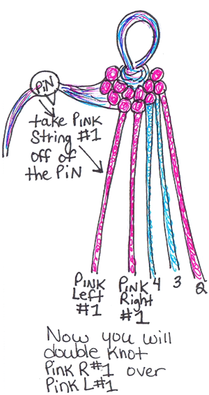 we have to knot the 2 pink #1 strings together in the middle to make a ‘v’ shape. 