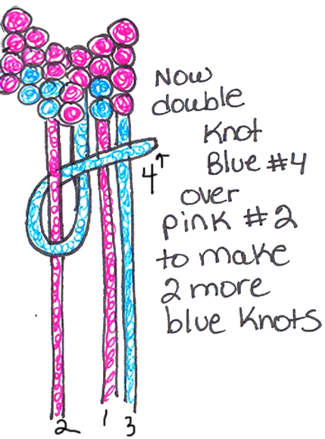 Now double knot blue #4 over pink #2 thread to make 2 more blue knots.