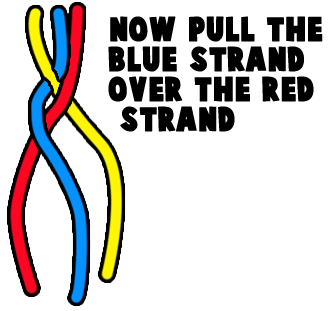 Now pull the blue strand over the red strand.