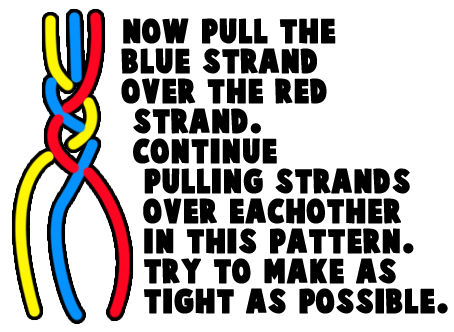 Now pull the blue strand over the red strand. 