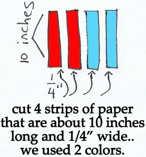Cut 4 strips of paper that are about 10 inches long and a 1/4 inch wide