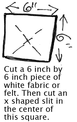 Cut a 6 inch by 6 inch piece of white fabric or felt.