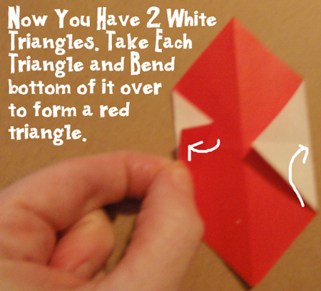 Take each triangle and bend bottom of it over to form a red triangle.