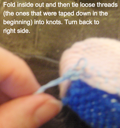 Fold inside out and then tie loose threads into knots.