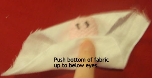 Push bottom of fabric up to below eyes.