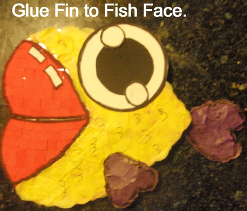 Glue fin to fish face.