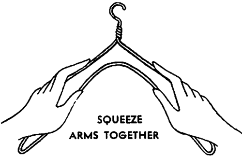 Squeeze the arms of the wire hanger together.