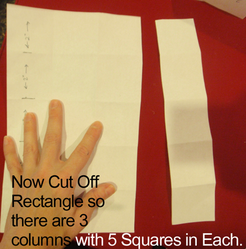 Now cut off rectangle so there are 3 columns with 5 squares in each.