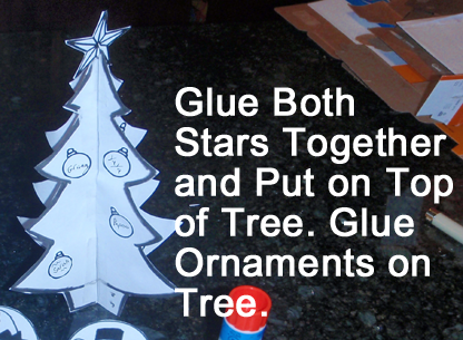Glue both stars together and put on top of tree.  Glue ornaments on tree.