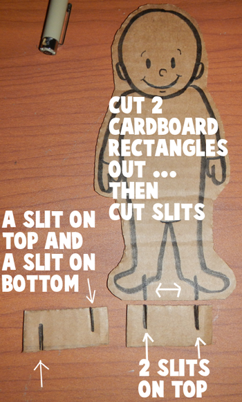  Cut two cardboard rectangles out.  Cut slits as the image shows you.